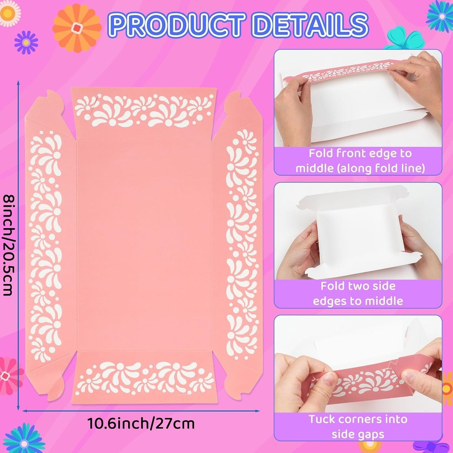 Mexican Taco Nights Food Trays - 60Pcs Mexican Flowers Wavy Edge Unassembled Tray Nacho Snack Candy Holder Disposable Paper Plate Holiday Birthday Carnival Party Supplies Food Container