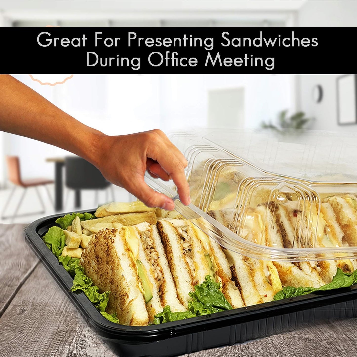 TRAYA Pack of 10 Serving Tray with lid - Reusable Catering Trays with Lids 13inch Long for Meal Prep, Cakes, Treats and Sandwiches (15.35 × 11.42 × 2.95inch)