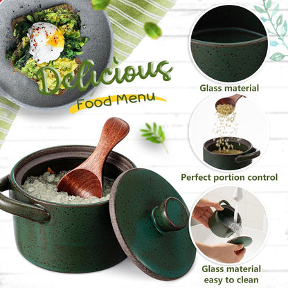 Honeydak Speckled Ceramic Salt Cellar with Lid and Wooden Spoon, Rustic Farmhouse Salt Pepper Cellar Holder for Mothers Day, Housewarming Gift, Heavyweight Spices Jar (Green)