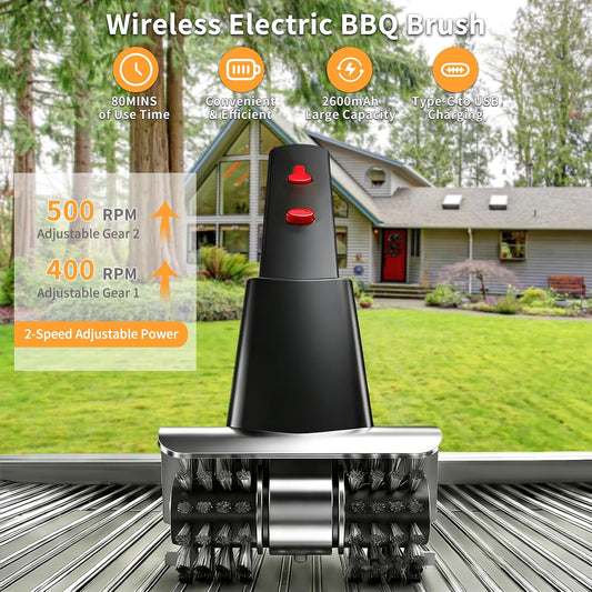 Cordless Electric Grill Brush for Outdoor - Waterproof BBQ Grill Cleaner with Lights Water Spray - Grill Cleaning Brush for Burnt-On Grease&BBQ Grates, 90 Mins Runtime, 2 Stainless Heads Refill