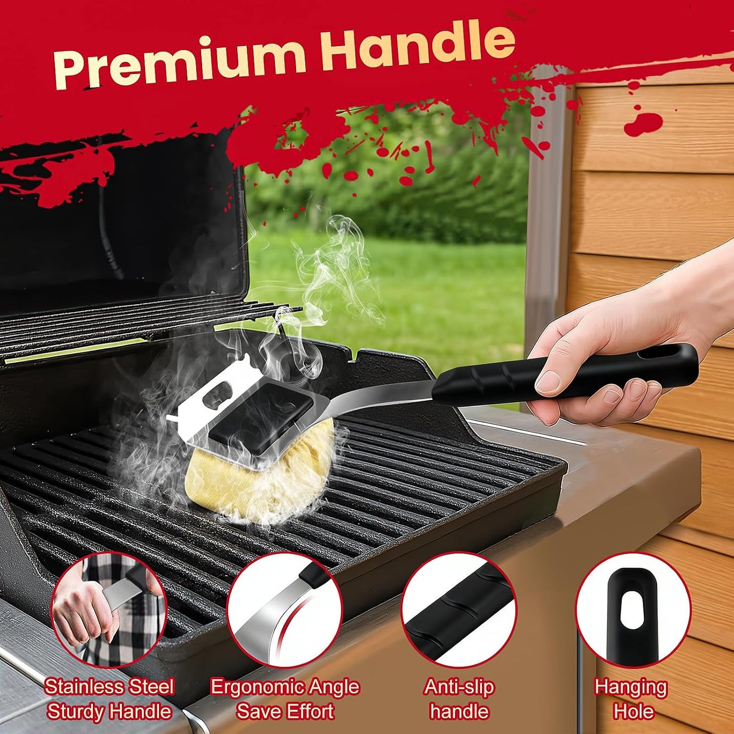 Grill Brush Bristle Free with 5 Replaceable Pads, BBQ Grill Brush Replaceable Cleaning Head, Grill-Cleaner Brush for Cast Iron/Stainless Steel Grates, Gift for Men Dad-Red