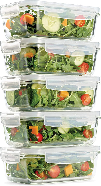 Fit & Fresh Divided, 5-Pack, Two Compartments, Set of 5 Containers with Locking Lids, Glass Storage, Meal Prep Containers with Airtight Seal, 27 oz.