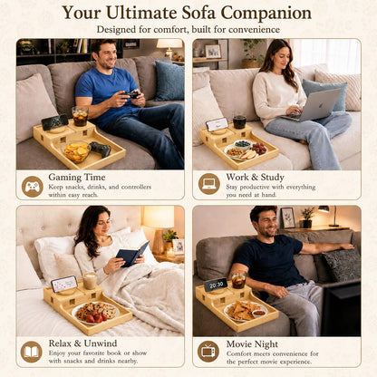2-in-1 Bamboo Couch Tray – Insert & Flat Sofa Organizer with Anti-Slip Base,360° Rotating Phone Holder,Cup Holder, 15.3x9.8 in, Fit Seat Gaps or Armless,Sectional Sofa