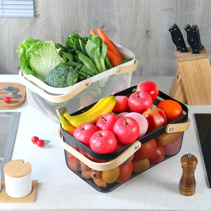 Coloful Metal Mesh Wire Basket with Foldable Wooden Handle,Bin Garden Fruit Vegetable Storage Hanging Harvest Holder for Kitchen Bathroom Picnic (Yellowish Green, Cuboid-15.7 x 9.5 x 7.2“)