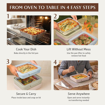 9x13 Pan Carrier with Aluminum Foil Pan – Insulated Food Carrier for Casseroles, Lasagna & Hot/Cold Dishes, Decorative Tabletop Serving Container with Lid for Parties, BBQ, Catering, Travel & Potlucks