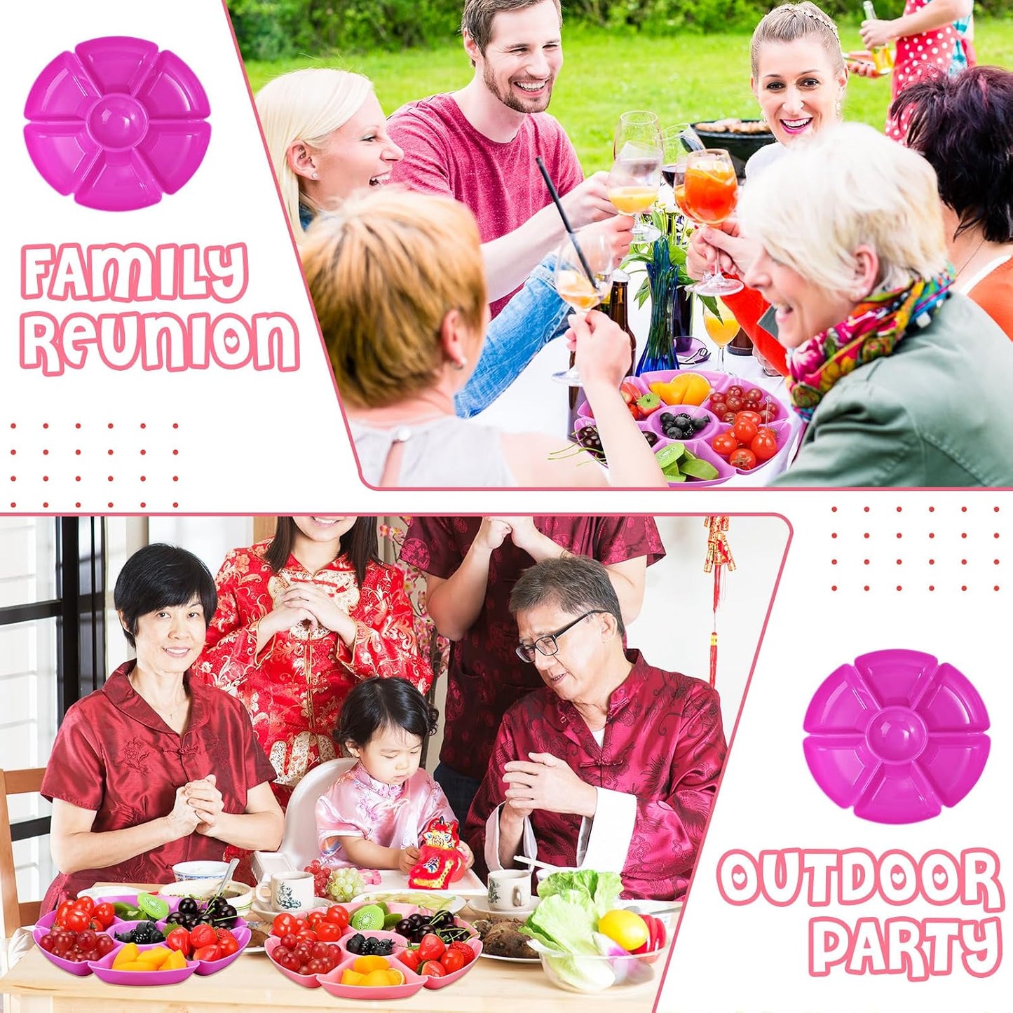 Zhehao 6 Pcs Plastic Divided Serving Trays with 60 Pcs Disposable Fork, 7 Compartments Round Chip Dip Plate, Petal Shape Platter, 10.6'' Snacks Serving Dish for Party Candy Nuts Fruits (Vibrant Color)