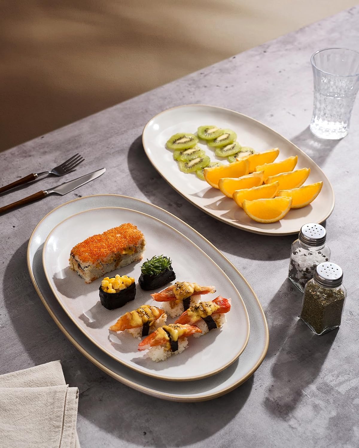 famiware Serving Platter, Oval 15.59/14.3/12.9inch Serving Dishes for Entertaining, Serving Bowls, Microwave Safe, Stoneware Serving Trays for Party, Food, Turkey, Cheese, Ocean Series, Vanilla White