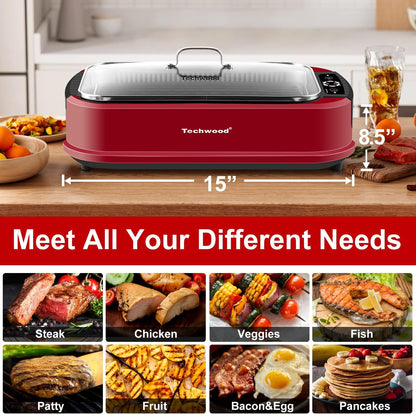 Techwood Indoor Grill Smokeless Grill, Electric Korean BBQ Grill with Glass Lid, Turbo Smoke Extractor Technology, Dishwasher-Safe Drip Tray & Nonstick Grilling Removable Plate, Black, 1500W