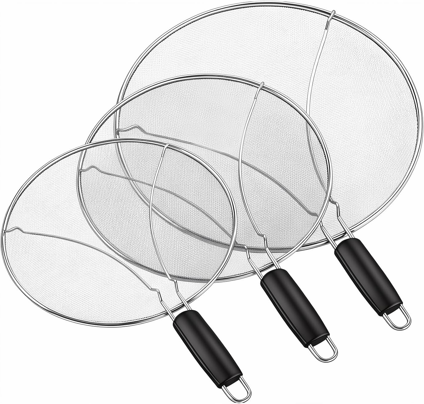 Splatter Screen for Frying Pan 3-Piece Set - Stainless Steel Grease Splatter Guard (13", 11.4", 9.8") - Oil Splash Guard & Fine Mesh Cover for Cooking Bacon