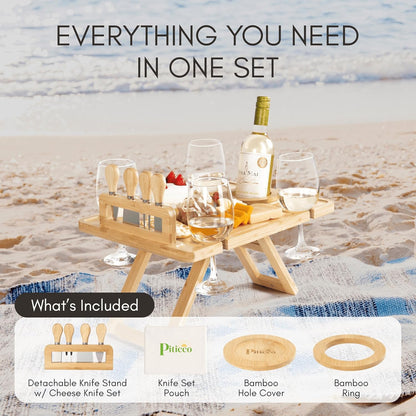 Charcuterie Picnic Table with Wine Glass Holder, Portable Wine & Cheese Board, 4-Piece Cheese Knife Set (Gold) w/Detachable Knife Stand, Bamboo Charcuterie Table, Hosting & Wine Gift