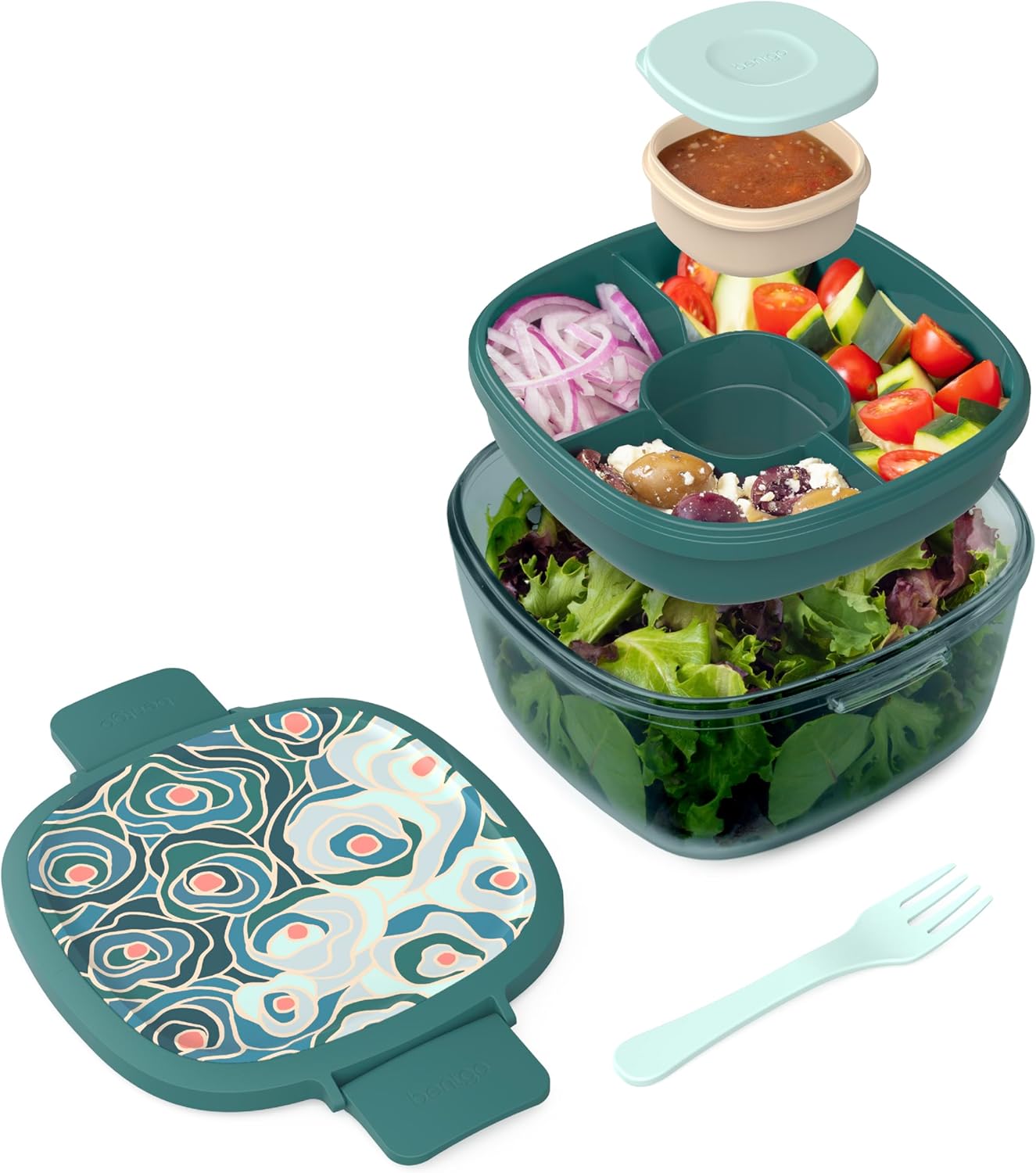 Bentgo Glass Salad Container - 7.6-Cup Salad Bowl with Airtight Lid, Leak-Proof Sauce Container, 4-Compartment Bento Tray & Reusable Fork - BPA-Free for Meal Prep, Office & More (Light Blue)