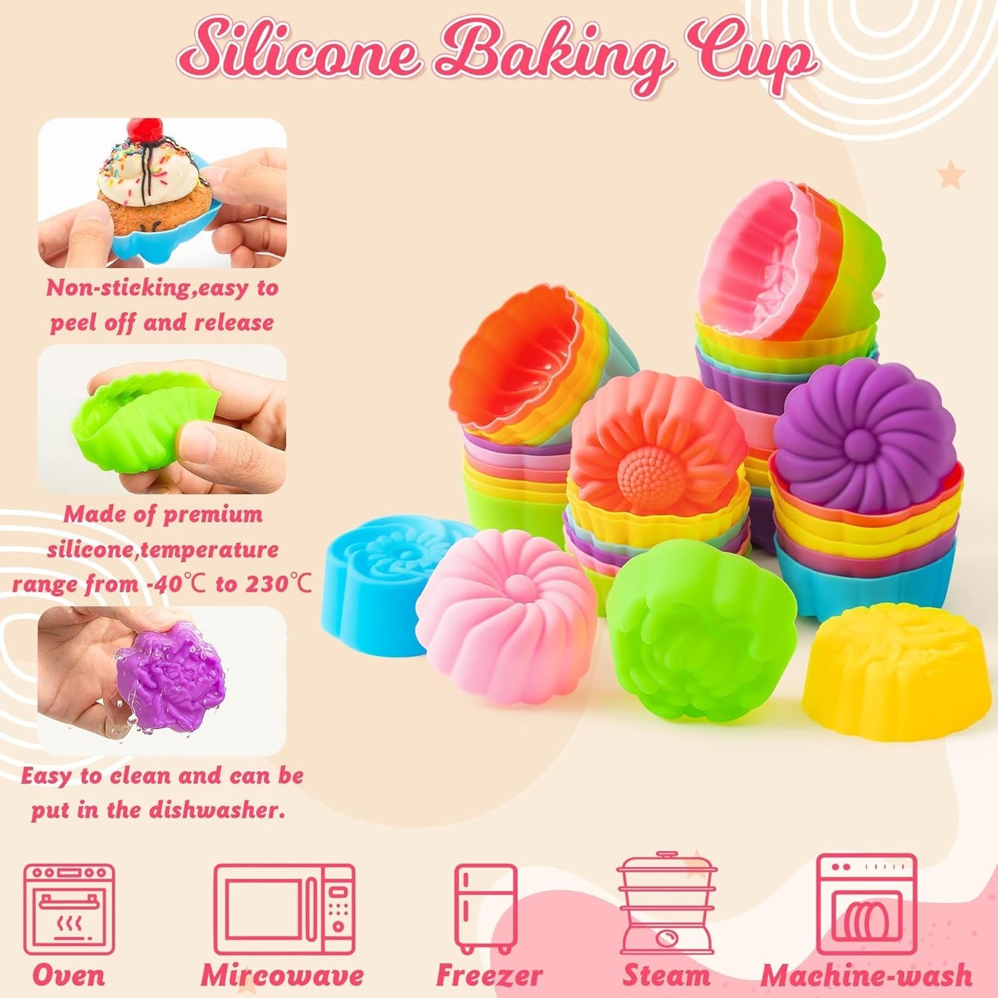 R HORSE 42Pcs Silicone Molds Cupcake 2 Inch Mini Size Reusable Muffins Liners Washable Non-Stick Donut Wrapper Mold Flower Shapes Baking Cups for Pan Oven Microwave Dishwasher