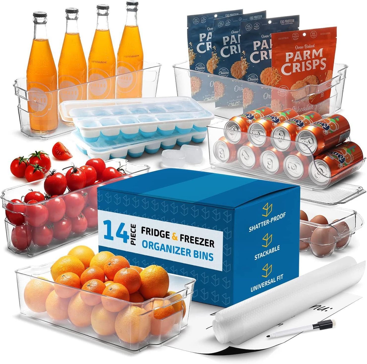 Hearth & Harbor Fridge Organizer Bins - Set of 14 Clear Bins For Refrigerator, Freezer, Kitchen Cabinets, Pantry, Storage Or Organization - Durable, Stackable Containers With Handles