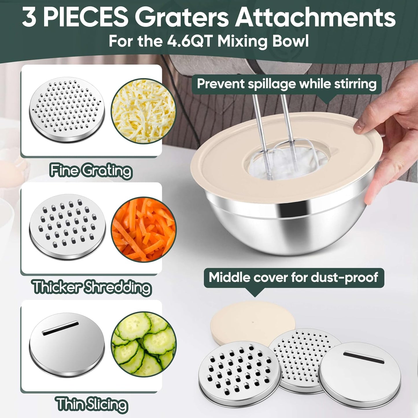 Herogo 5-Piece Mixing Bowls with Airtight Lids, 3 Grater Attachments, Stainless Steel Salad Serving Bowls for Kitchen, Size 4.6, 3.5, 2.5, 2, 1.5QT Ideal for Prepping & Cooking, Black