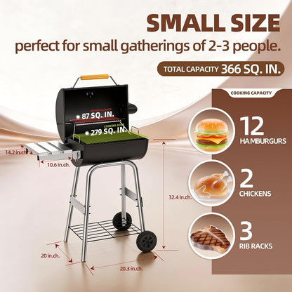 Barrel Charcoal Grill, Outdoor BBQ Smoker, 737 Sq. In. Cooking Area, Adjustable Charcoal Pan, Warming Rack, Front & Side Table, Storage Shelf, Enameled Steel Wire, Backyard, Patio (Large)