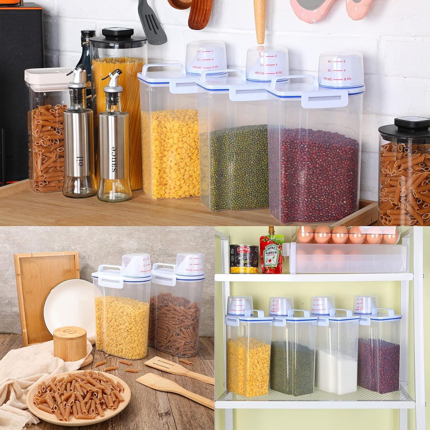 Cereal Containers Set 4 Pcs Airtight Food Storage Container with Measuring Cup Dispenser Plastic Storage Containers with Lids for Rice Oatmeal Flour Grain & Pet Cat Dog Food Container, 2.5 L