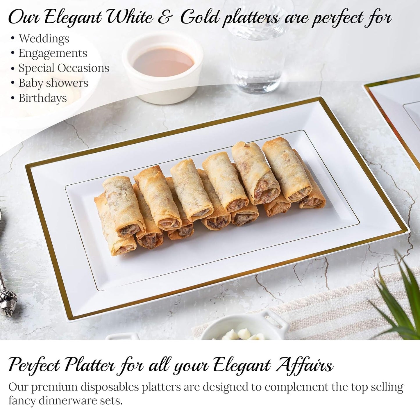Elegant Plastic Serving Tray & Platter Set (6pk) - White & Gold Rim Disposable Serving Trays & Platters for Food - Weddings, Upscale Parties, Dessert Table, Cupcakes - 8 x 12.85 inches