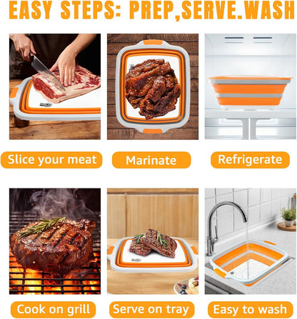 Collapsible BBQ Prep Tub 8L Black | Portable Meat Marinating Container with Locking Cutting Board Lid, BBQ Tongs, 2 Meat Shredding Claws & 2 Heat-Resistant Grill Gloves for Camping & Grilling