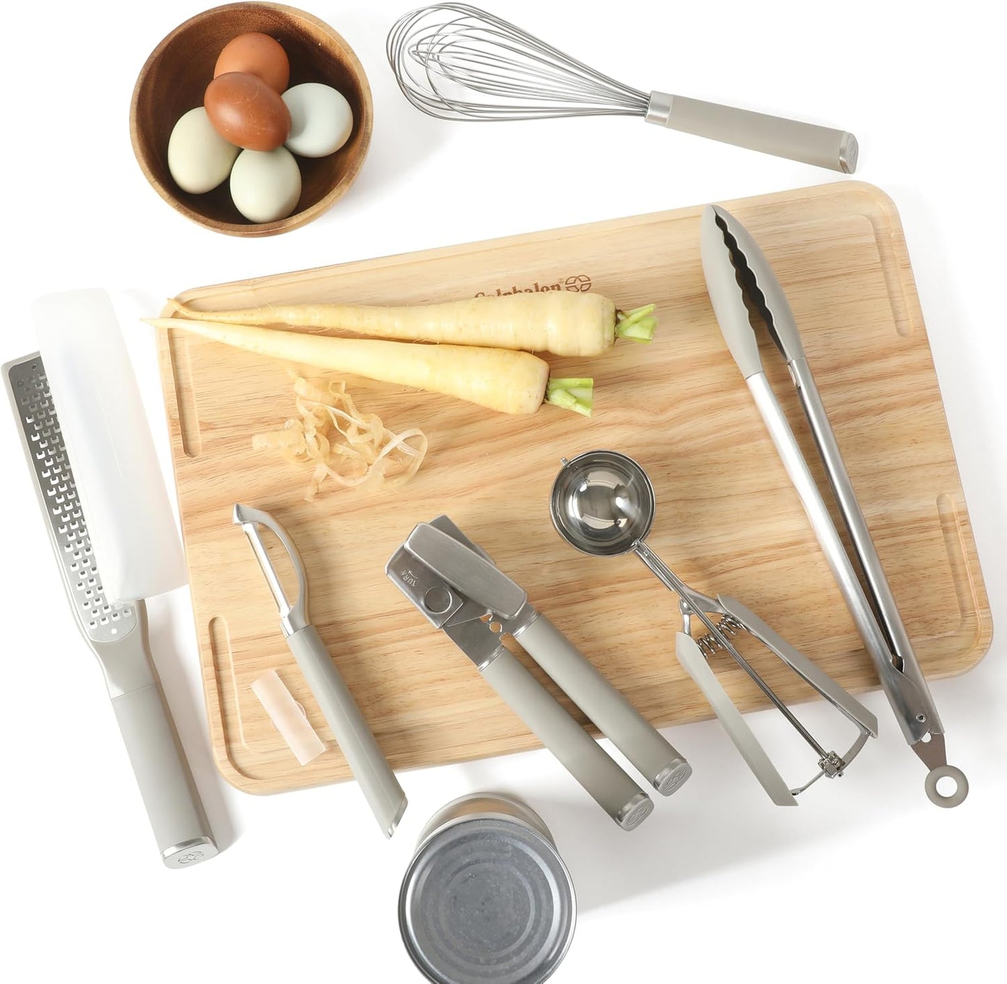 Calphalon Edge 6-Piece Stainless Steel Kitchen Tool & Gadget Set, Kitchen Utensil Set with Silicone Accent, Can opener, Straight peeler, Grater, Tongs, Balloon whisk and Scoop (Taupe)