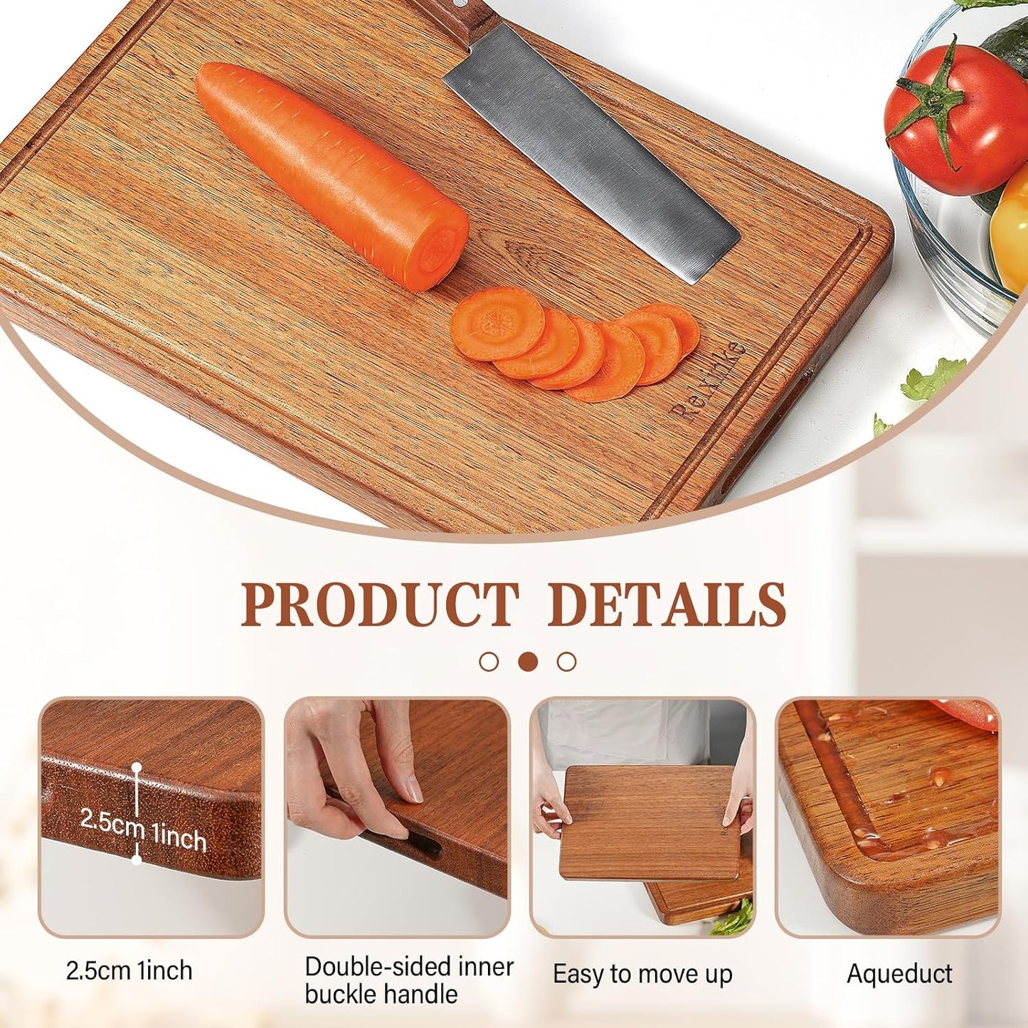Solid Teak Wood Cutting Board Set One Piece Non Glued Large Thick Crack Resistant Wooden Chopping Board with DeepJuice Grooves Built in Handles for Kitchen Meat Bread 15x10.2IN &11.8 * 7.9IN