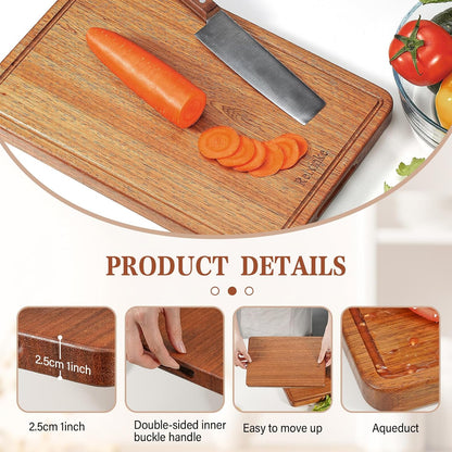 Solid Teak Wood Cutting Board Set One Piece Non Glued Large Thick Crack Resistant Wooden Chopping Board with DeepJuice Grooves Built in Handles for Kitchen Meat Bread 15x10.2IN &11.8 * 7.9IN