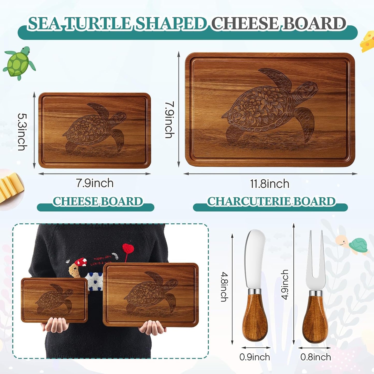 Ziliny Sea Turtle Shaped Cheese Board Set Small Charcuterie Cutting Board Wooden Platter with Knives Forks Funny Serving Trays Turtle Gift for women Christmas Party Kitchen Decoration