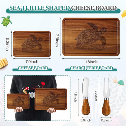 Ziliny Sea Turtle Shaped Cheese Board Set Small Charcuterie Cutting Board Wooden Platter with Knives Forks Funny Serving Trays Turtle Gift for women Christmas Party Kitchen Decoration