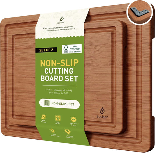 3 Packs Bamboo Cutting Board Set with Non Slip Feet and Over Sink Nice Solid Thick Wood Juice Groove Chopping Board Extra Large Big Small Best Hardwood Kitchen Counter Organic Vegetable