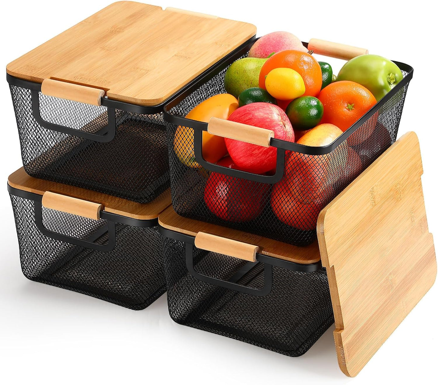 Geelin 4 Pcs Metal Wire Basket with Wooden Handles and Bamboo Lids 12.2 x 8.27 x 5.51 Mesh Steel Basket Stackable Storage Bins Organizer Containers for Vegetables Fruit Home Cabinet Pantry(White)