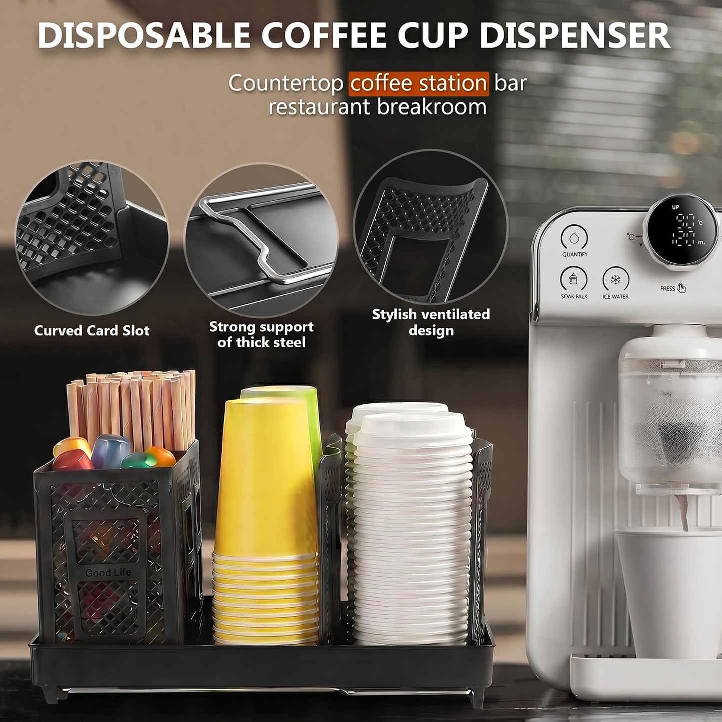 6-Slot Paper Cup and Lid Holder, Disposable Coffee Cup Dispenser, Upright Paper Cup Dispenser for Coffee Stations, Kitchens, Bars, Restaurants, Lounges (White)
