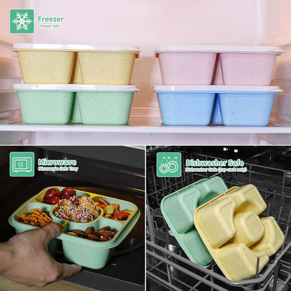 Original Lunchable Snack Containers - 5 Compartments Bento Snack Boxes with 1 Leakproof Small Containers, Wheat Straw, BPA-Free, Set of 2 (Bule+Pink)