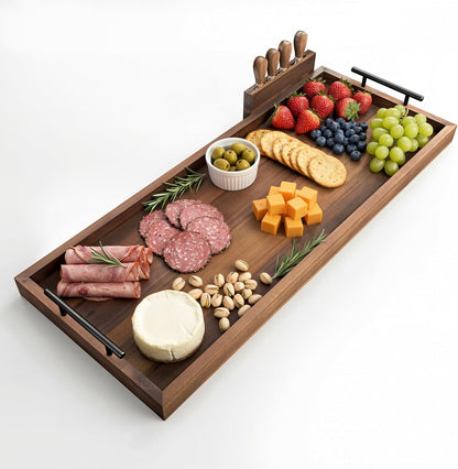 TIDITA Acacia Large Charcuterie Boards for Party with Cheese Knife Set of 4 – Acacia Wood Serving Tray with Handles, Long Charcuterie Board, Wooden Cheese Board (Walnut Color, 30 Inch)