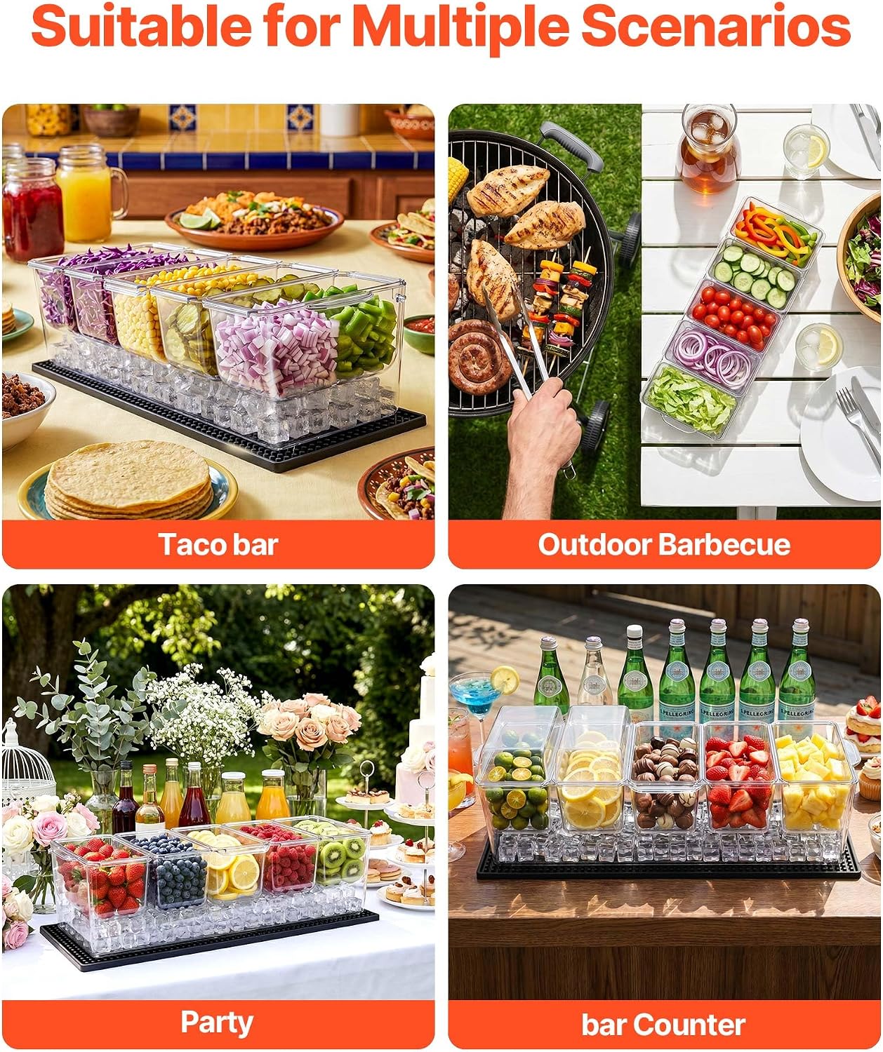 VEVOR Chilled Condiment Server Caddy, 5 Compartment Ice Cooled Serving Container, Plastic Fruit Garnish Tray Platter with Lid, for Taco Salad Bar Accessories, Party Home Restaurant Supplies