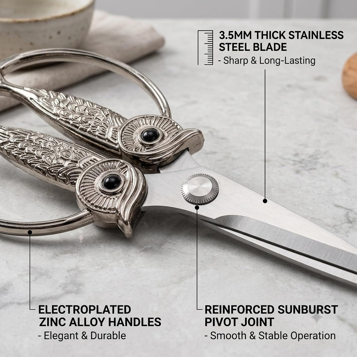 XSNBRD All Purpose Kitchen Scissors, Pearl Gold Stainless Owl Shears.