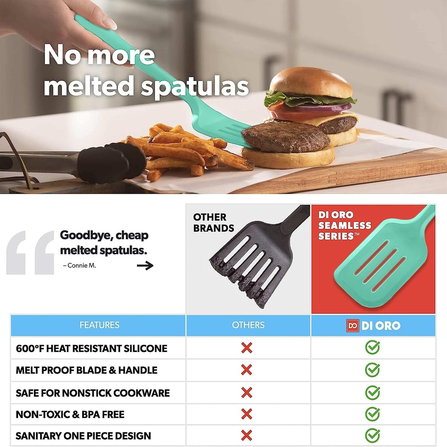 DI ORO Silicone Turner Spatula Set - Kitchen Spatulas for Nonstick Cookware - Cooking Utensils for Flipping Eggs & Pancakes - 600°F Heat-Resistant BPA Free Turners - Dishwasher Safe (4pc, Black)