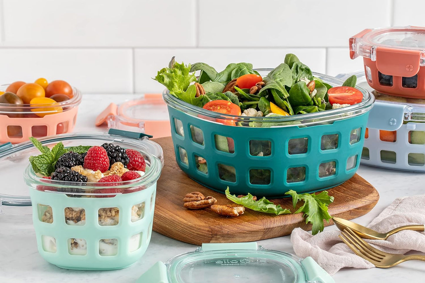 Ello Duraglass Mixed Meal Prep Sets Leak-Proof Glass Food Storage Containers with Silicone Sleeves and Airtight BPA-Free Lids, Dishwasher, Microwave, and Freezer Safe
