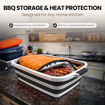 BBQ Prep Tub with BBQ Blanket, 16L Multifunctional Camping Cutting Board with Locking Lid, Reusable Meat Resting Bag for Smoking, Collapsible Dish Basin for Marinating Food (Large 16L)