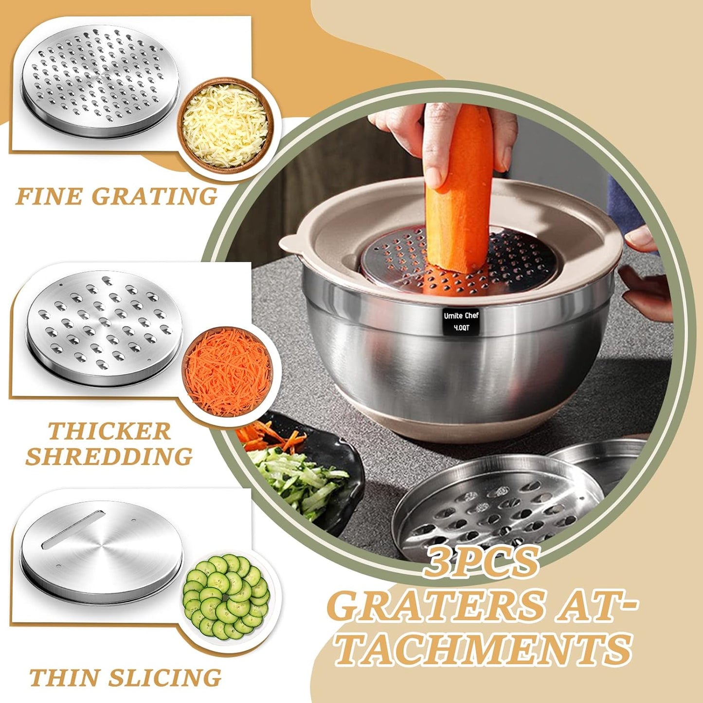 Thickened Heavy-Duty 26pcs Stainless Steel Bowl, Mixing Bowl Set with Lid, Grater Attachment, Non-Slip Bottom and Kitchen Gadget Set, Sizes 7, 4, 2.5, 2.0, 1.5, 1QT, Ideal for Mixing and Serving