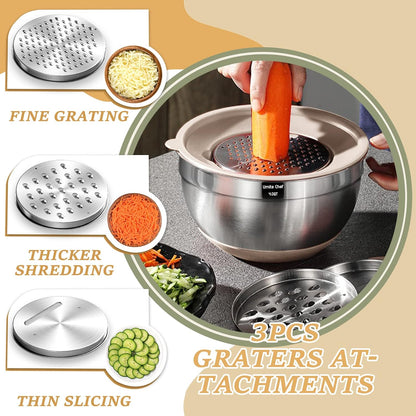 Thickened Heavy-Duty 26pcs Stainless Steel Bowl, Mixing Bowl Set with Lid, Grater Attachment, Non-Slip Bottom and Kitchen Gadget Set, Sizes 7, 4, 2.5, 2.0, 1.5, 1QT, Ideal for Mixing and Serving