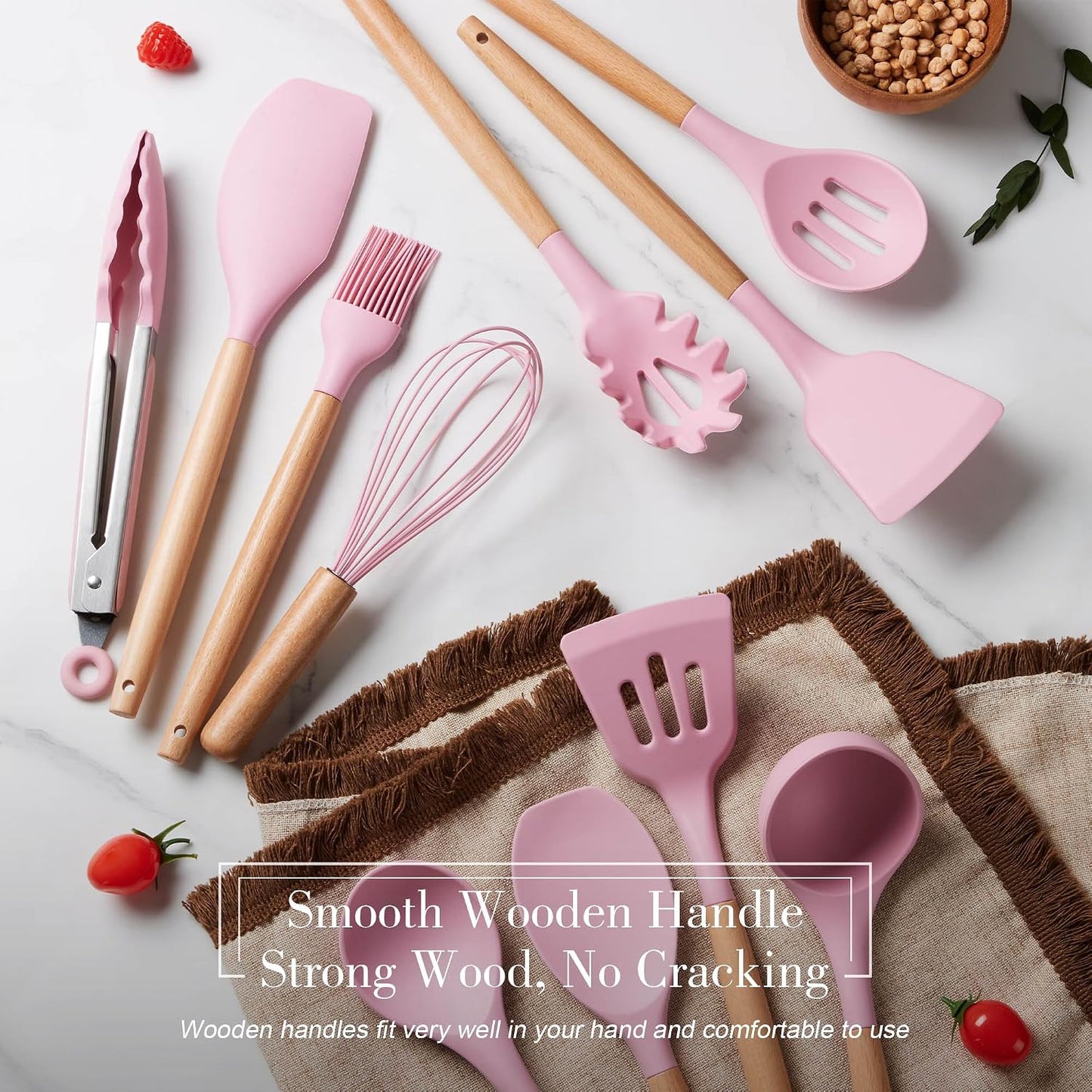 LIANYU 15 PCS Silicone Kitchen Utensils Set with Holder, Cooking Utensils set for Nonstick Cookware, Heat Resistant & Non Toxic Spatula Ladle Tong, White