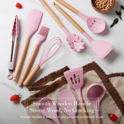 LIANYU 15 PCS Silicone Kitchen Utensils Set with Holder, Cooking Utensils set for Nonstick Cookware, Heat Resistant & Non Toxic Spatula Ladle Tong, White