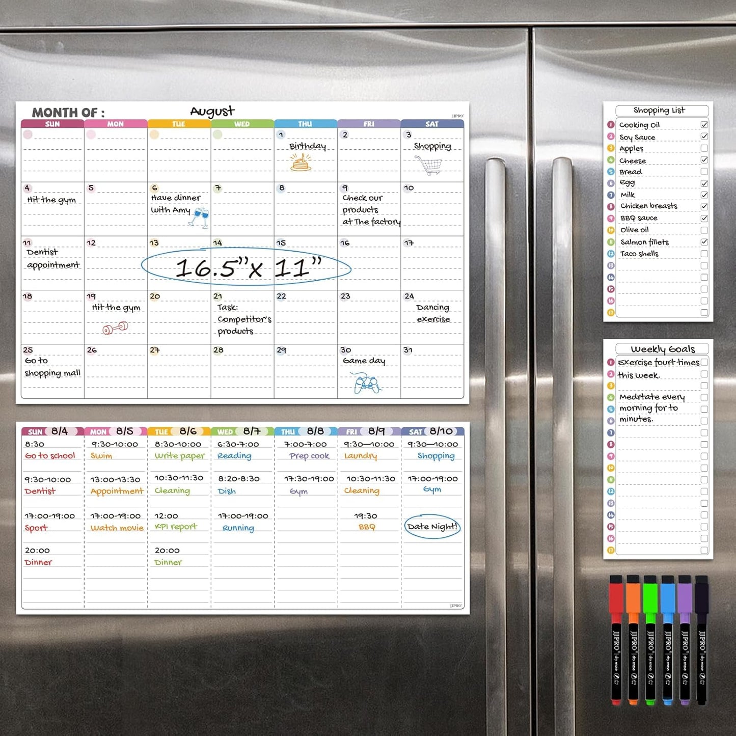 JJPRO Magnetic Dry Erase Calendar for Refrigerator-Reusable Monthly Calendar Starts Monday,Weekly Planner&to Do List for Fridge-Magnetic Monthly,Weekly Planner&List 2pcs-16.5x11"
