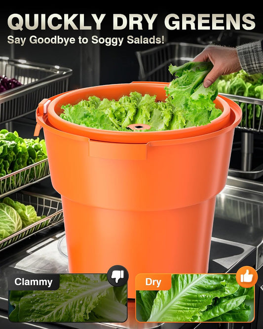 WantJoin Commercial Salad Spinner - 6 Gallon Salad Dryer w/Silicone Draining Hose, Orange, 24Qt Manual Salad Spinner for up to 7 Heads of Lettuce Spinner Large for Catering