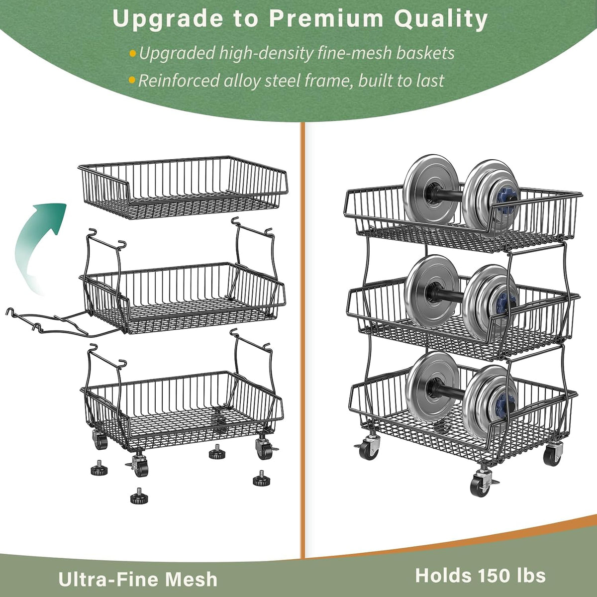 OKZEST 3-Tier Rolling Pantry Floor Organizer and Storage Cart with Wheels, Stackable Wire Pantry Baskets for Pantry Shelves, Kitchen Storage Rack and Fruit Basket Stand for Fruit Snack Onion Potato