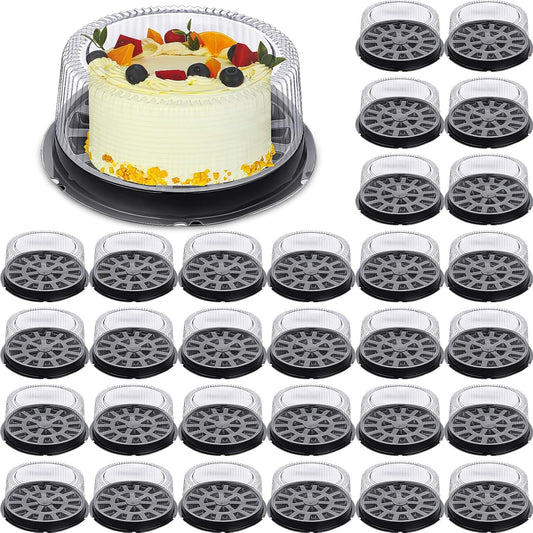 Thenshop 30 Pcs 11 Inch Plastic Disposable Round Cake Containers with Dome Lids and Black Cakes Boards Clear Cakes Boxes for Food Transport Mother's Day Wedding Birthday Party