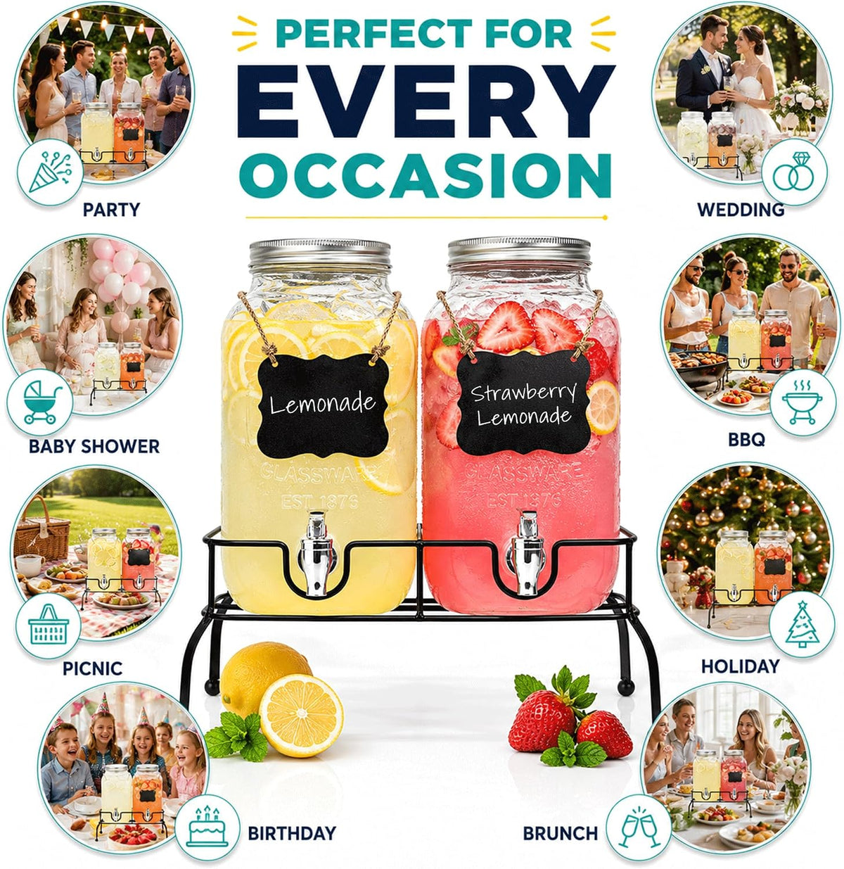 Estilo Gallon Drink Dispenser with Stand - Glass Beverage Dispenser with Stand for Weddings - Sun Tea Jar with Spigot 1 Gallon - Countertop Glass Water Dispenser for Lemonade and Parties