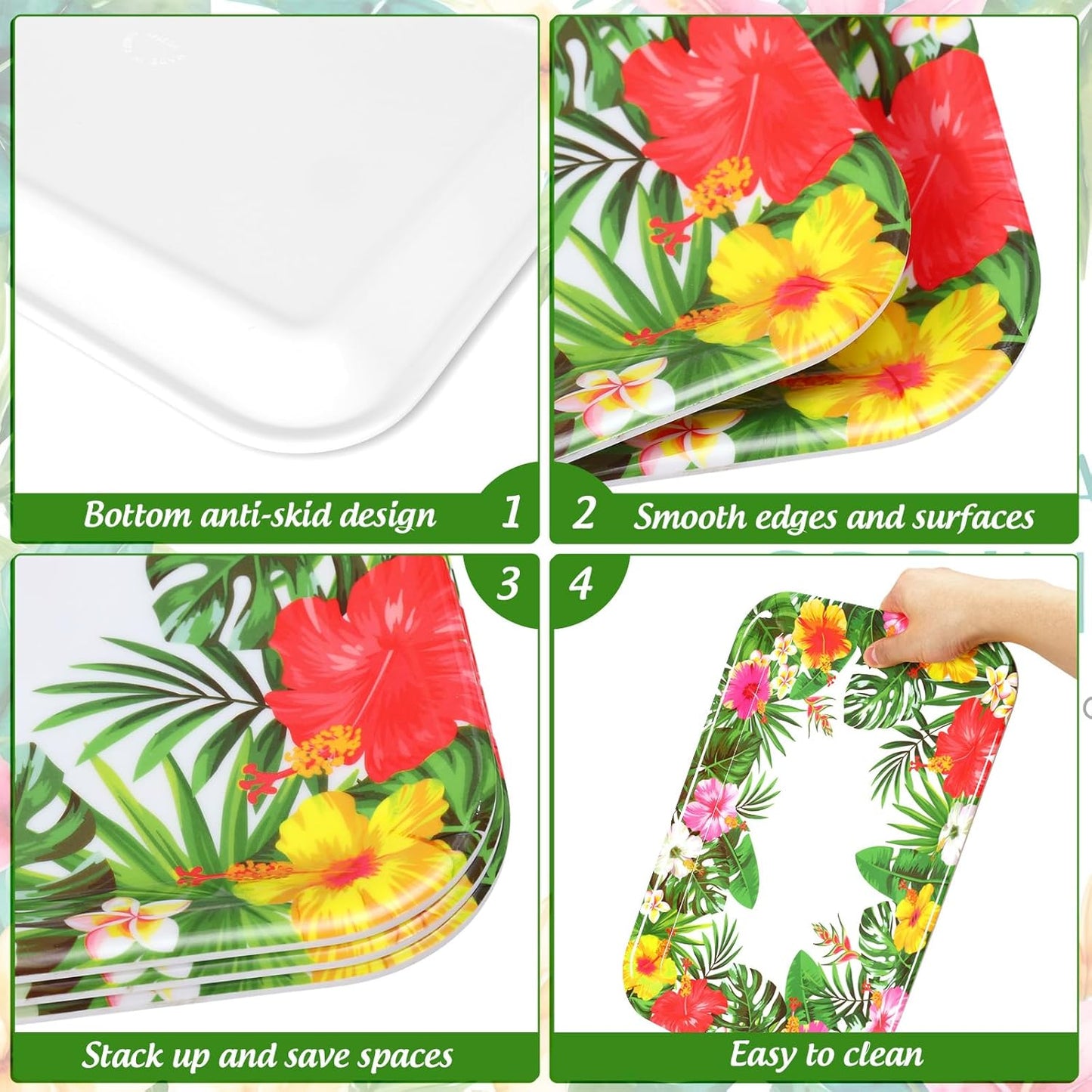 JarThenaAMCS 3Pcs Summer Tropical Luau Serving Trays Reusable Serving Dishes Watercolor Hawaiian Hibiscus Floral Monstera Melamine Platter for Pool Beach Aloha Birthday Party