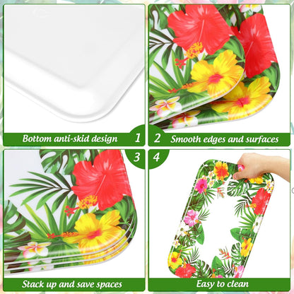 JarThenaAMCS 3Pcs Summer Tropical Luau Serving Trays Reusable Serving Dishes Watercolor Hawaiian Hibiscus Floral Monstera Melamine Platter for Pool Beach Aloha Birthday Party