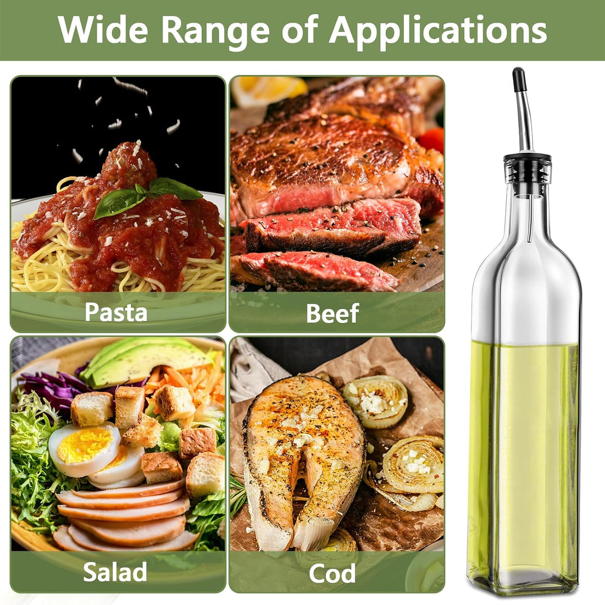 Leaflai Olive Oil Dispenser Bottle, Glass Olive Oil Dispenser and Vinegar Dispenser Set with Stainless Steel Pourers, 4 Labels,1 Brush and 1 Funnel Oil Bottles for Kitchen (500ml)