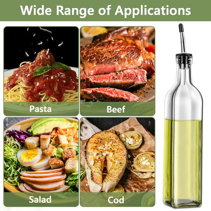 Leaflai Olive Oil Dispenser Bottle, Glass Olive Oil Dispenser and Vinegar Dispenser Set with Stainless Steel Pourers, 4 Labels,1 Brush and 1 Funnel Oil Bottles for Kitchen (500ml)